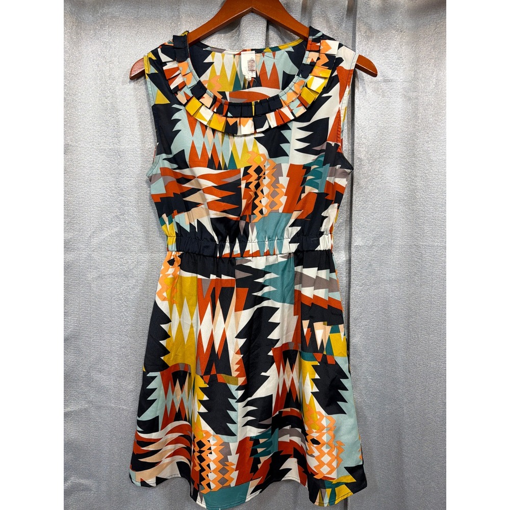 Sparrow Anthropologie Geometric Tribal Print Ruffle Neck Mini Dress Small Multi